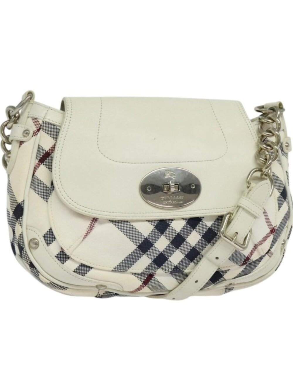 BURBERRY Nova Check Blue Label Bag Canvas Leather White Silver